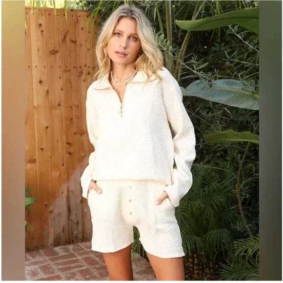 DONNI. Waffle 1/2 Zip Pullover Cream + Freshwater Pearl. Size M NWT - Picture 4 of 7